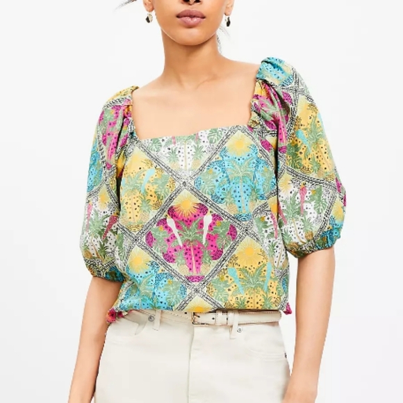 LOFT Palm Bubble Sleeve Square Neck Blouse Womens XL Multicolor Tropical Travel - Picture 1 of 11